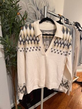 LOFT Cream V-Neck Collared Sweater with Gray and Tan Nordic Pattern